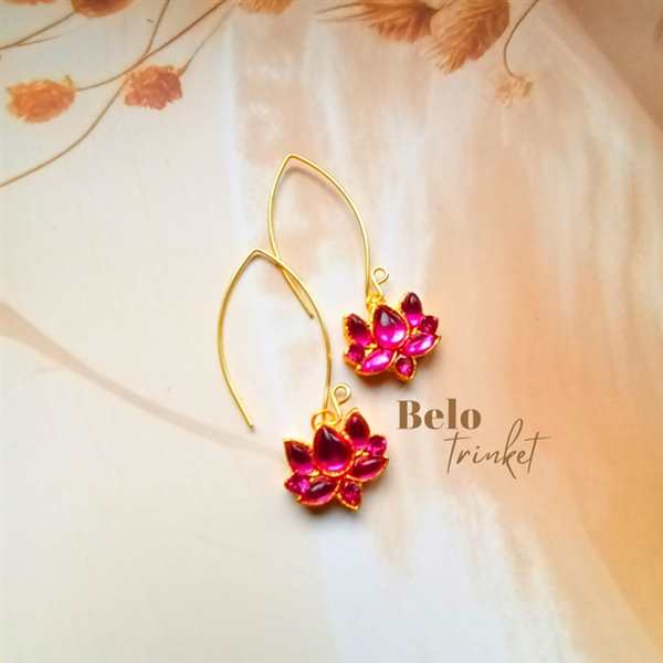 Dainty Pink lotus dangler golden earrings
