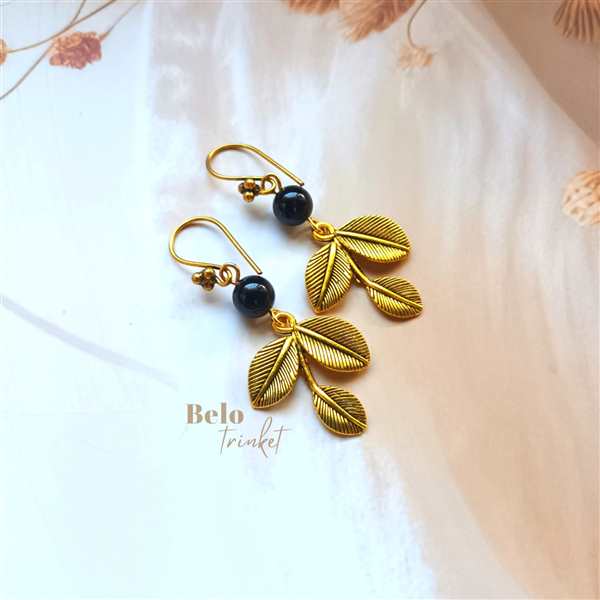 Dainty black onyx gemstone handmade golden leaf earrings