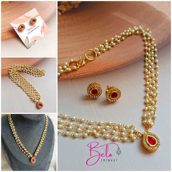 Festive golden pearl necklace earrings set