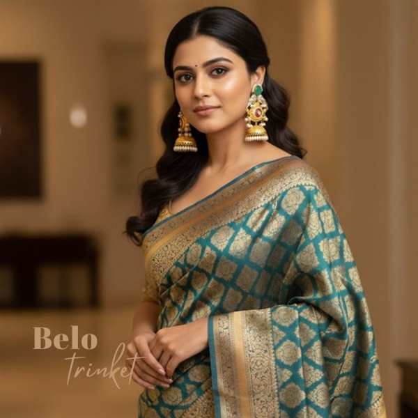 Statement aqua golden Jhumka pearl earrings