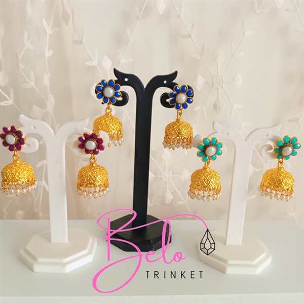 Turquoise blue flower golden pearl jhumki earrings